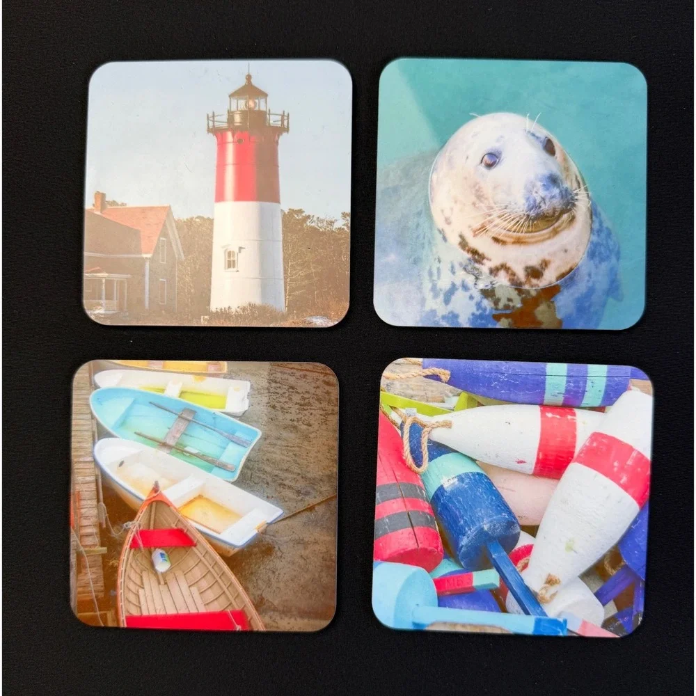 Nautical Cork Coasters Set 4 Lighthouse Seal Boat Buoy Coastal Beach House Decor